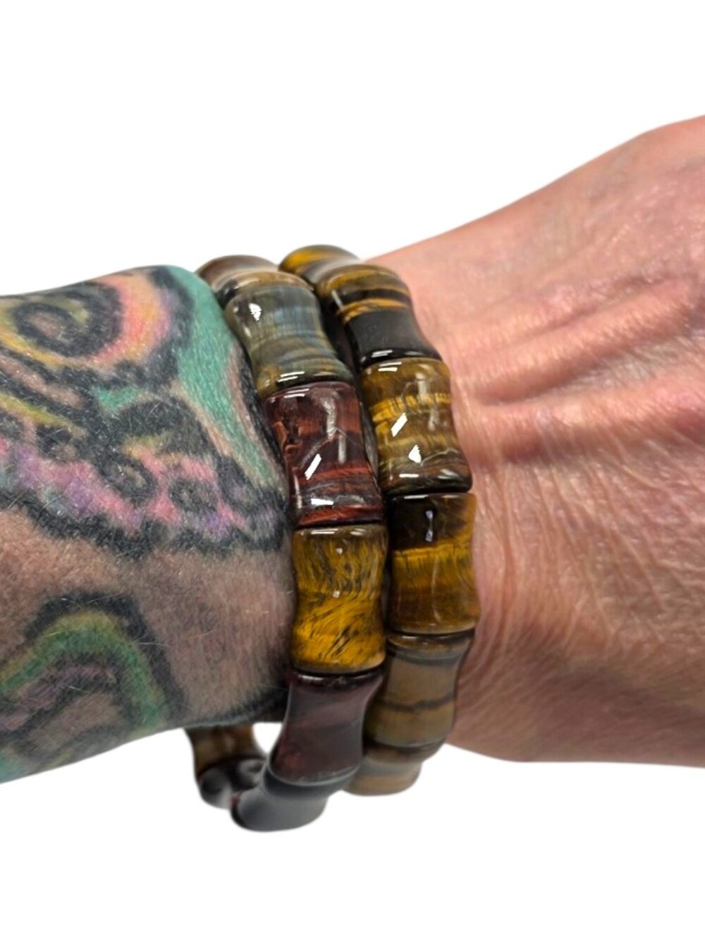 Golden & Multicolor Tiger's Eye Bamboo Bead Stretch Bracelet Set